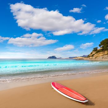 Moraira playa El Portet beach with paddle surfboard at Alicante Spain