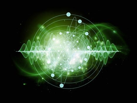 Abstract concept of atom and quantum waves illustrated with fractal elements