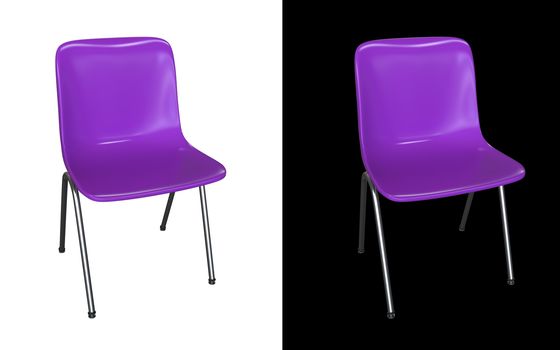 Violet modern chair isolated on black and white background. Kitchen interior, garden or dining room plastic and steel furniture 3d render illustration