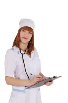 Medical doctor woman with stethoscope and papers isolated over white