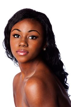 Face of a beautiful African woman with acne pimple free skin, skincare concept, isolated.
