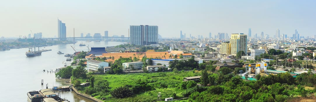 Panoramic view of Bangkok with Chao Phraya River , Thailand 