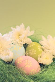 Easter card with chrysanthemums and eggs with copy space