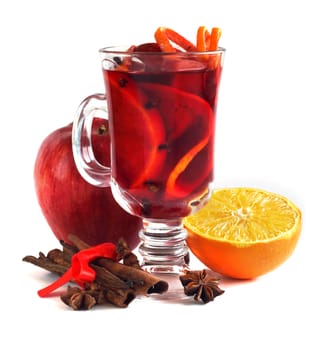 Hot red mulled wine with fruits and cinnamon isolated on white background