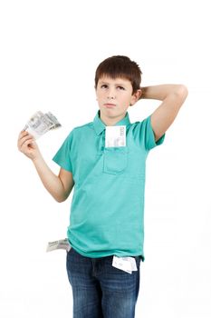 man boy holding czech crown banknotes and think how to spend them isolated on white background