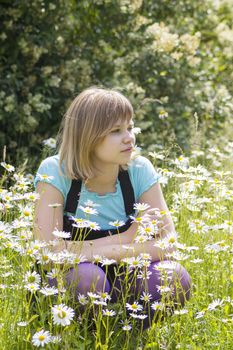 little girl on the meadow in summer day