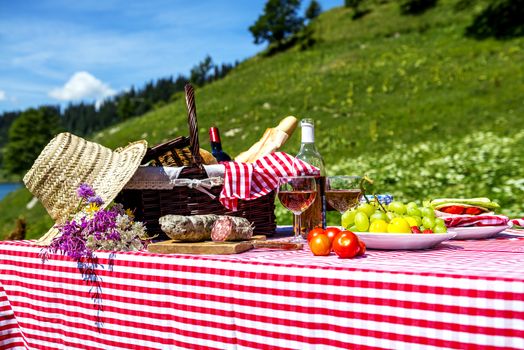 tasted picnic on the grass near a lake