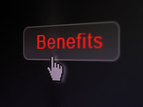Finance concept: pixelated words Benefits on button with Hand cursor on digital computer screen background, selected focus 3d render