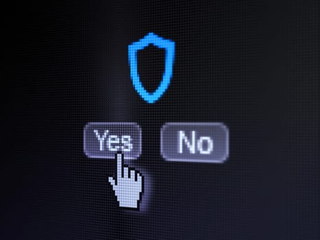 Privacy concept: buttons yes and no with pixelated Contoured Shield icon and Hand cursor on digital computer screen, selected focus 3d render