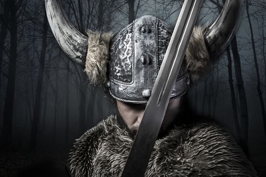 Sword, Viking warrior with helmet over vintage textured background