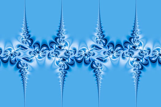Repeating pattern of twisting shapes on a blue and white background