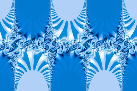 Repeating pattern of twisting shapes on a blue and white background