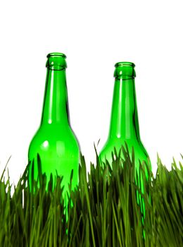 Two Green Bottles in the Grass Isolated on the White Background