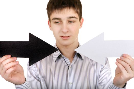 Teenager holds Black and White Arrows Isolated on the White Background