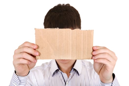 Person showing Blank Cardboard Close-up on the White Background