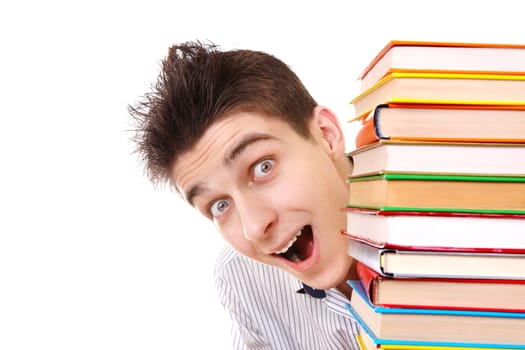 Cheerful Student behind the Books Isolated on the White Background