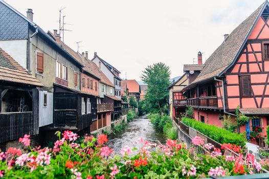 View of Alsace typical traditional houses in Colmar, France