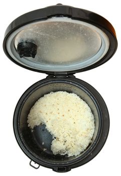 Top View Used Rice Cooker with White Rice, Over White