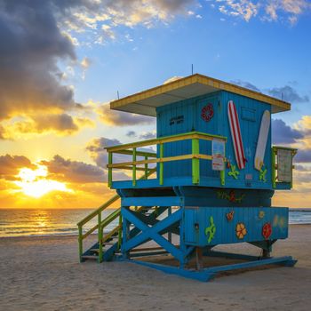 Miami South Beach with lifeguard tower at sunrise, USA