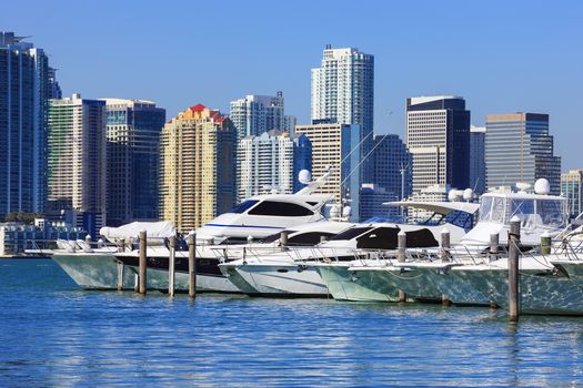 Downtown Miami with blue sky and boats, Florida 