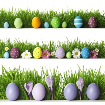 Collection of decorated easter eggs and flowers in grass with copy space