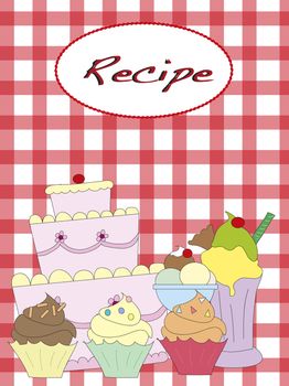 illustration of recipe with cakes and ice cream