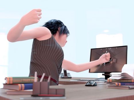 Angry working woman and computer concept illustration