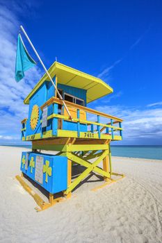 Famous lifeguard house in a typical colorful Art Deco style, Miami Beach