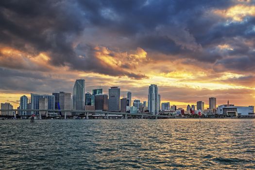 sunset and clouds with business and residential buildings, Miami, panoramic view