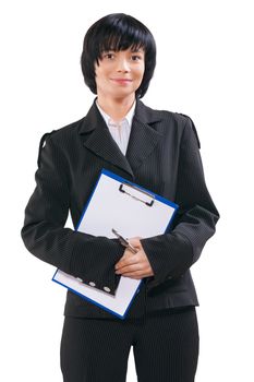 asian businesswoman wearing black suit holding clipboard with blanc sheet and ballpoint pen isolated