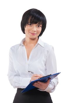 asian businesswoman wearing white blouse writing in clipboard isolated