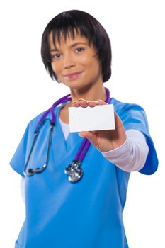 asian female doctor showing white vizit card in hand isolated focus on hand