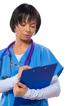 asian female doctor writing  with a ballpopint pen in clipboard isolated on white background