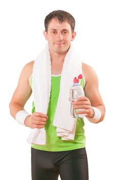 portrait of sportsman  with white cotton towel and bottle of water in hand isolated