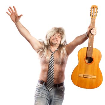 old-time rock star with a guitar on a white background