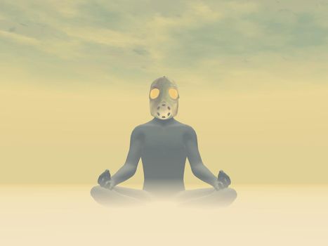 Man wearing gas mask meditating about pollution in foggy background