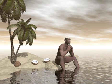 One single homo erectus sitting alone on a beach island next to coco nuts and thinking
