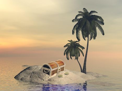 One treasure chest alone on small island with palm trees in the middle of ocean by sunset