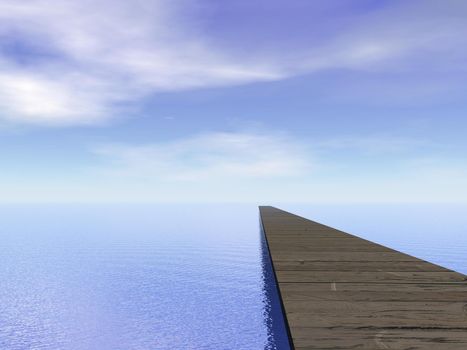 Old wooden pontoon leading to the horizon upon water by blue day