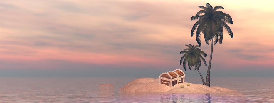 One treasure chest alone on small island with palm trees in the middle of ocean by sunset