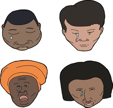Set of African, Asian and Hispanic people crying