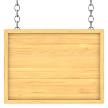 wooden signboard on the chains. Isolated 3D image