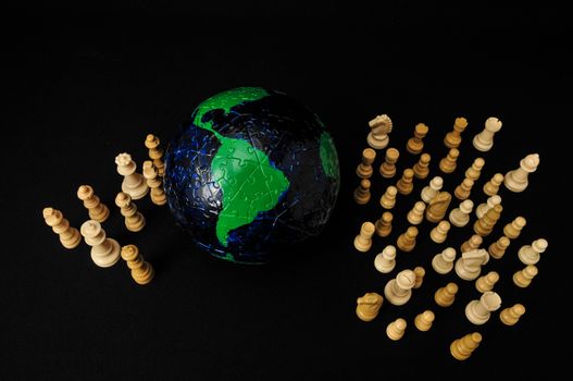 Globe And White Chess on a Black Background