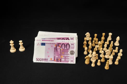 Money Strategy Concept White Chess and Currency on a Black Background