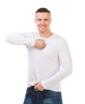 young smiling man in a white shirt with long sleeves isolated