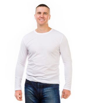 young attractive man in a white shirt with long sleeves isolated on white background