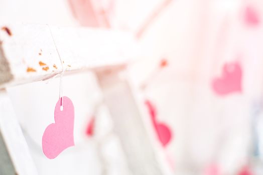 pink hearts for Valentine's Day on stairs