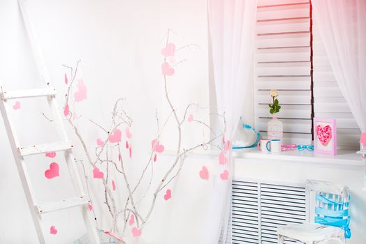 romantic Valentine's Day interior with pink hearts