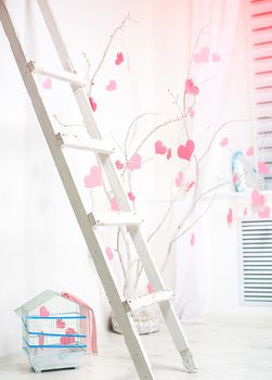 white romantic Valentine's Day interior with pink hearts