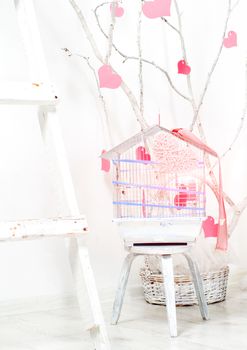 romantic Valentine's Day interior with pink hearts and stairs